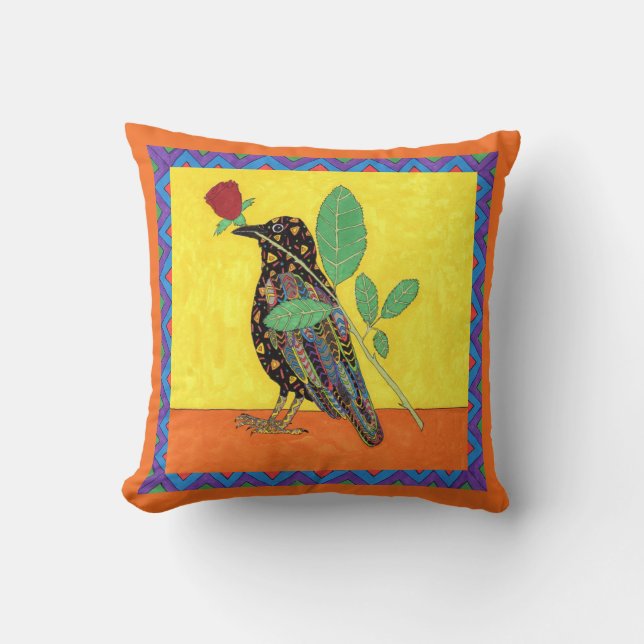 Oaxacan Crow & Red Rose Mexican Folk Art Cushion (Front)