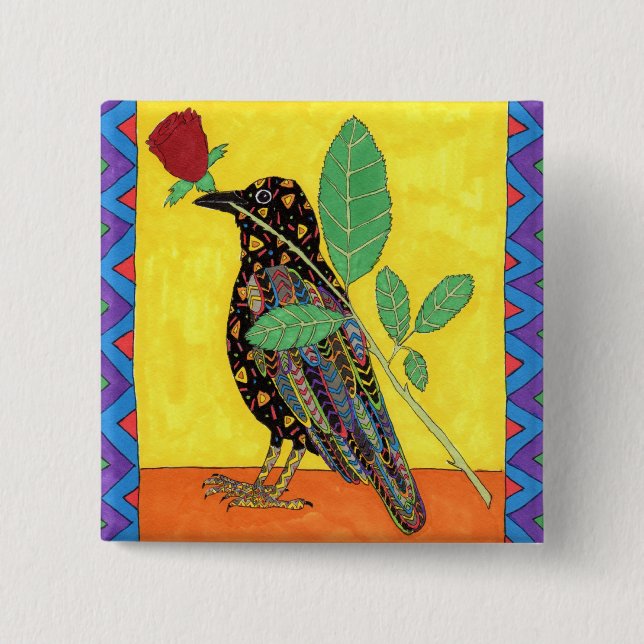 Oaxacan Crow with Red Rose 15 Cm Square Badge (Front)