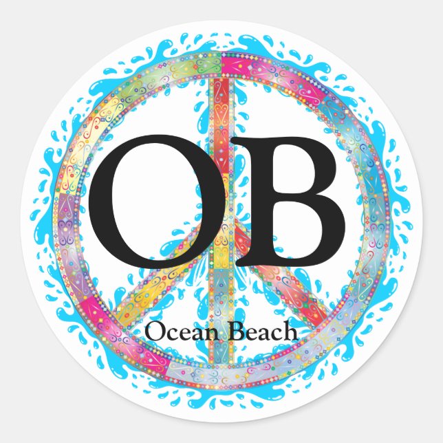 OB Ocean Beach California Peace Sign and Water Classic Round Sticker (Front)
