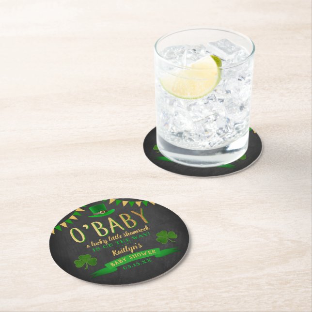 O'Baby St. Patrick's Day Baby Shower Round Paper Coaster (Insitu)