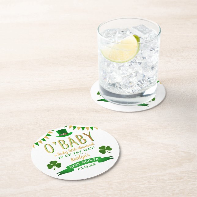 O'Baby St. Patrick's Day Baby Shower Round Paper Coaster (Insitu)
