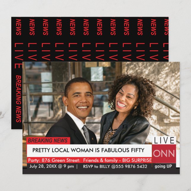 Obama 50th Birthday Womens Funny TV News Invitation (Front/Back)