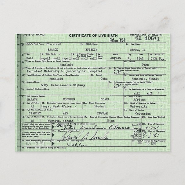 Obama birth certificate postcard (Front)