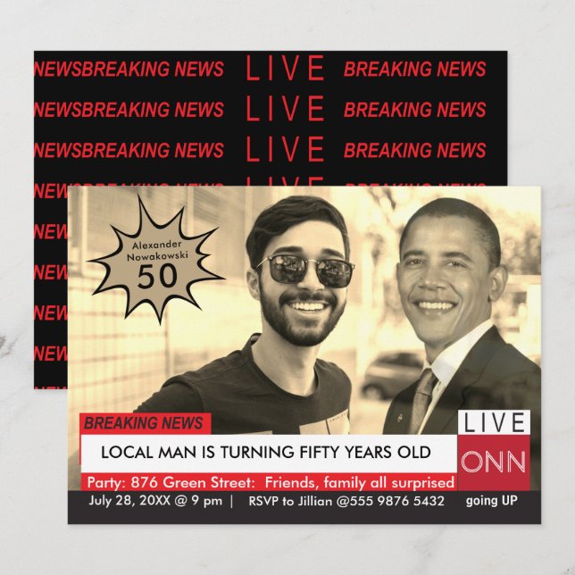 Obama Mens Funny TV News 50th Birthday  Invitation (Front/Back)