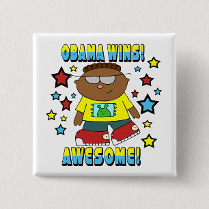 OBAMA WINS 15 CM SQUARE BADGE