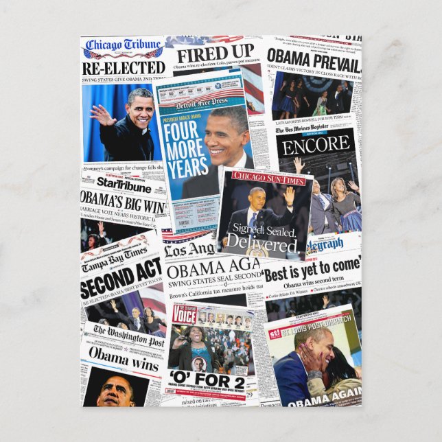 Obama Wins 2012 Newspaper Collage Postcard (Front)