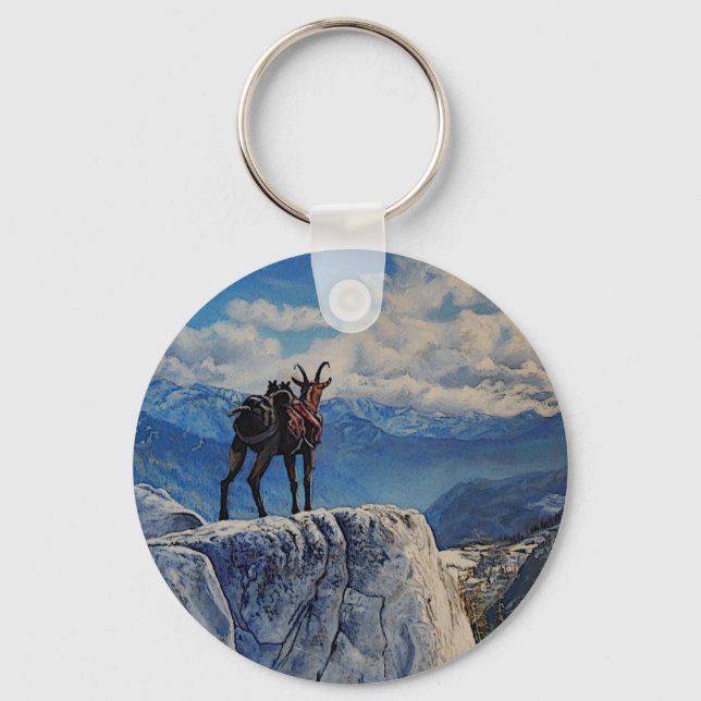 Oberhalsi Pack Goat in Idaho Mountains/cartooned Key Ring (Front)