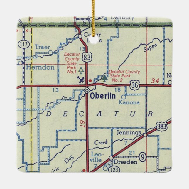 Oberlin Kansas Vintage Map Ceramic Ornament (Back)