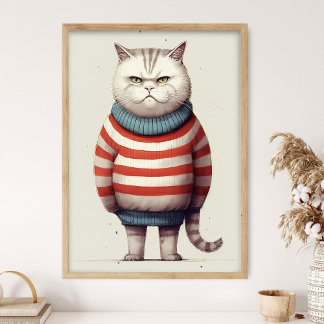 Obese Cat In Christmas Sweater, Funny Cat Decor