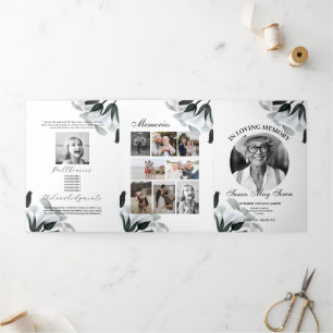 Obituary Celebration Life Photo Black White Lily Tri-Fold Invitation