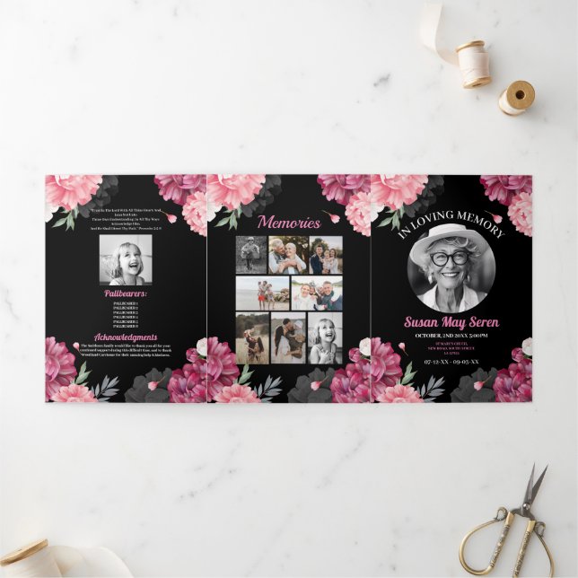 Obituary Celebration Life Photo Pink Floral Tri-Fold Invitation (Outside)