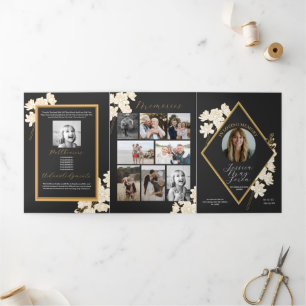 Obituary Celebration of Life Photo White Flowers Tri-Fold Invitation