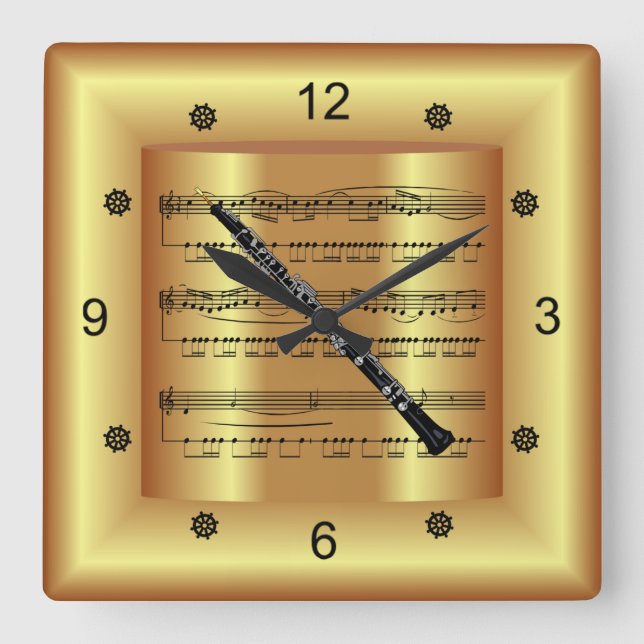 ~ Oboe ~ Curved Sheet Music ~ Gold Background ~ Square Wall Clock (Front)