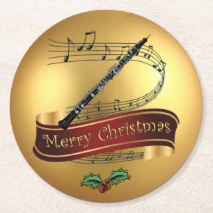Oboe ~ Musical Scroll ~ Gold ~ “Merry Christmas” ~ Round Paper Coaster