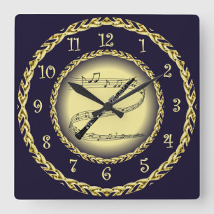 Oboe ~ Musical Scroll ~ Gold/Navy Blue ~  Square Wall Clock