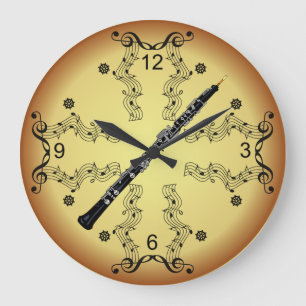 Oboe ~ Musical Scroll ~ Golden Background ~ Large Clock