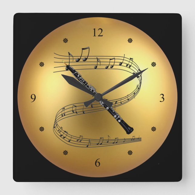 Oboe ~ Musical Scroll ~ Golden Globe Background ~ Square Wall Clock (Front)