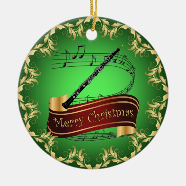 Oboe ~ Musical Scroll ~ Merry Christmas ~ * ~ Ceramic Tree Decoration (Front)