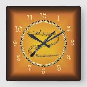 Oboe On Musical Scroll & Russet Orange ~ Square Wall Clock