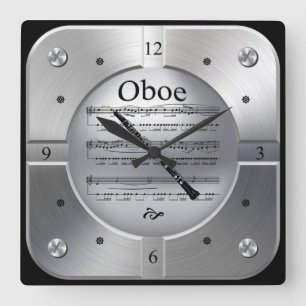 Oboe ~ Sheet Music ~ Brushed Silver Color ~ Square Wall Clock