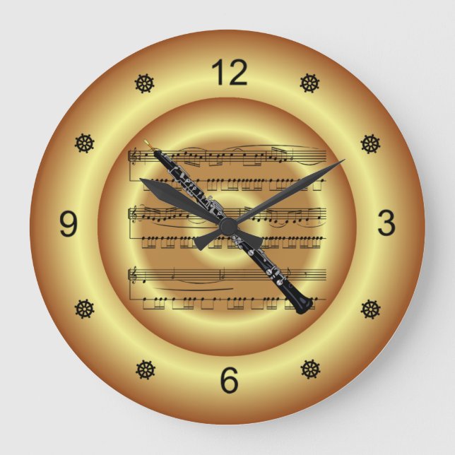~ Oboe ~  Sheet Music ~ Gold Background ~  Large Clock (Front)