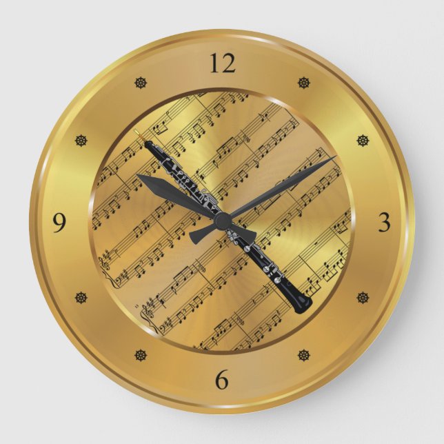 Oboe ~ Sheet Music ~ Gold Background ~ Unique ~ Large Clock (Front)