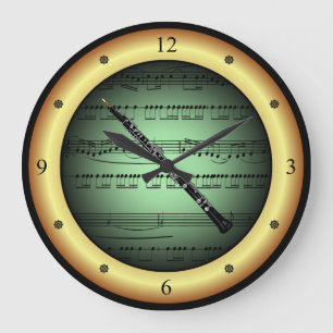Oboe ~ Sheet Music ~ Green on Gold Background ~ Large Clock