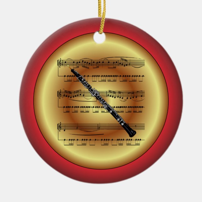 Oboe ~ Sheet Music ~ Red/Green/Gold ~ Christmas ~ Ceramic Tree Decoration (Front)