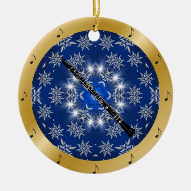 Oboe ~ Silver ~ Blue ~ Gold ~ Christmas ~ Ceramic Tree Decoration (Front)