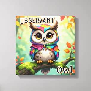 Observant Owl   Cute Cartoon Kid's Nursery Art Canvas Print