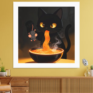 Obsidian Cat & Daring Mouse – Midnight Ramen Feast Canvas Print