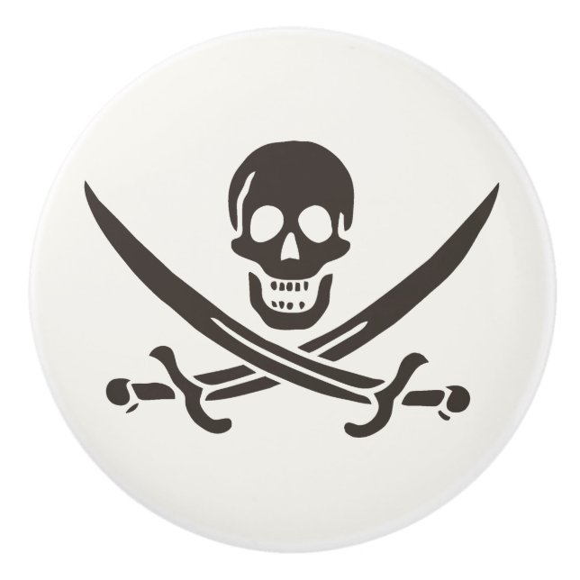 Obsidian Skull Swords Pirate flag of Calico Jack Ceramic Knob (Front)