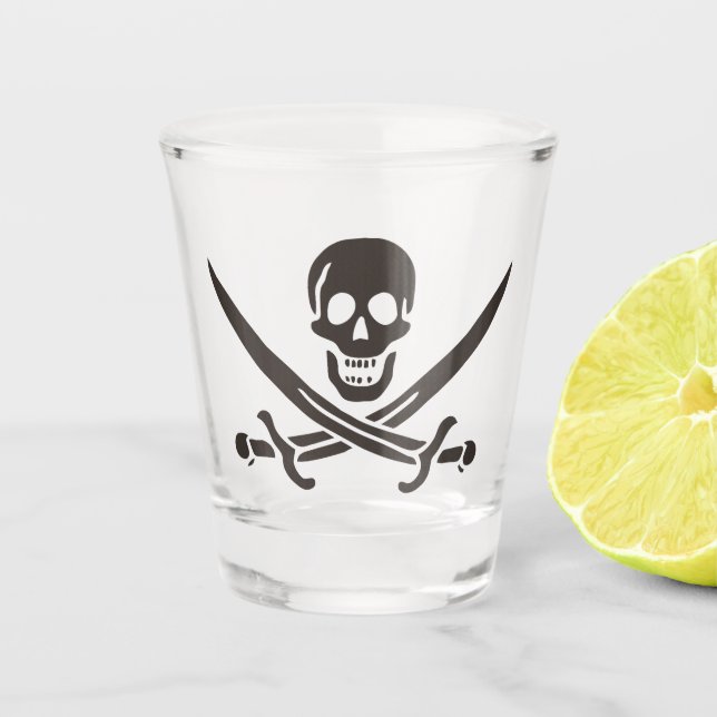 Obsidian Skull Swords Pirate flag of Calico Jack Shot Glass (Front)