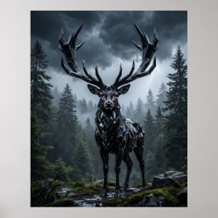 Obsidian Stag Storm Forest Poster