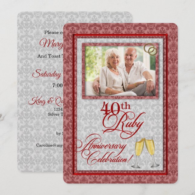 OBSOLETE: 40th Ruby Anniversary Damask Invitation (Front/Back)