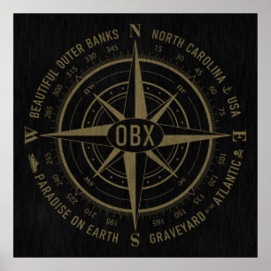 OBX Compass Outer Banks Vintage Gold Black Poster