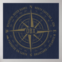 OBX Compass Outer Banks Vintage Gold Navy Blue