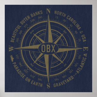 OBX Compass Outer Banks Vintage Gold Navy Blue Poster