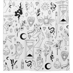 occult mystical esoteric witchcraft crystals white shower curtain