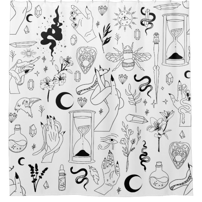 occult mystical esoteric witchcraft crystals white shower curtain (Front)