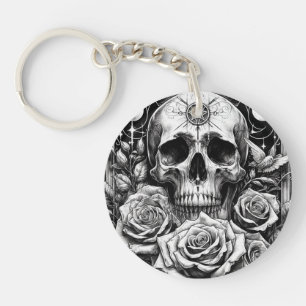 Occult Pentacle Skeleton Skull & Roses Key Ring