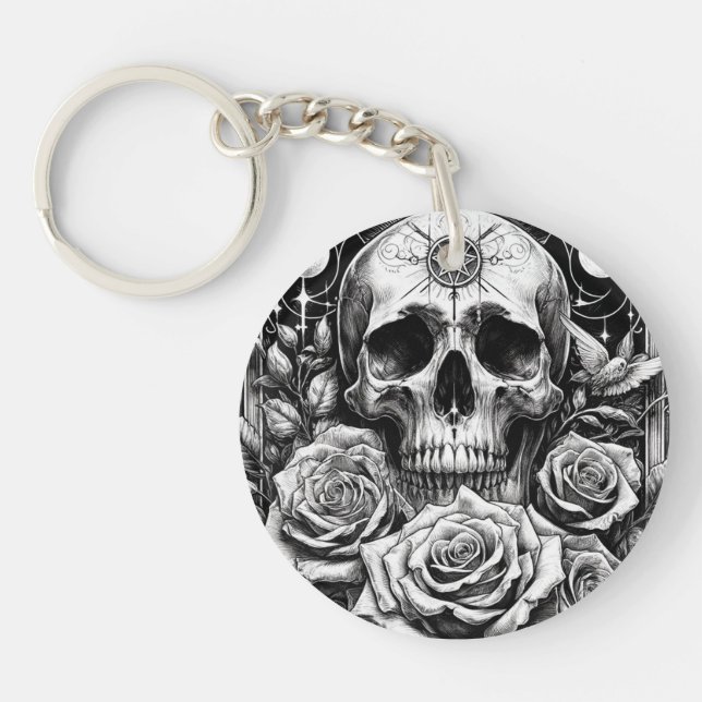 Occult Pentacle Skeleton Skull & Roses  Key Ring (Front)