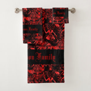 Occult Red Devil Baphomet Bats Skulls Gothic Bath Towel Set