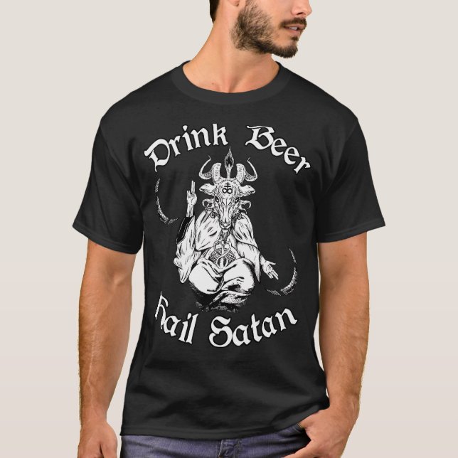 Occult Satanic Goth Baphomet Drink Beer Hail Satan T-Shirt (Front)