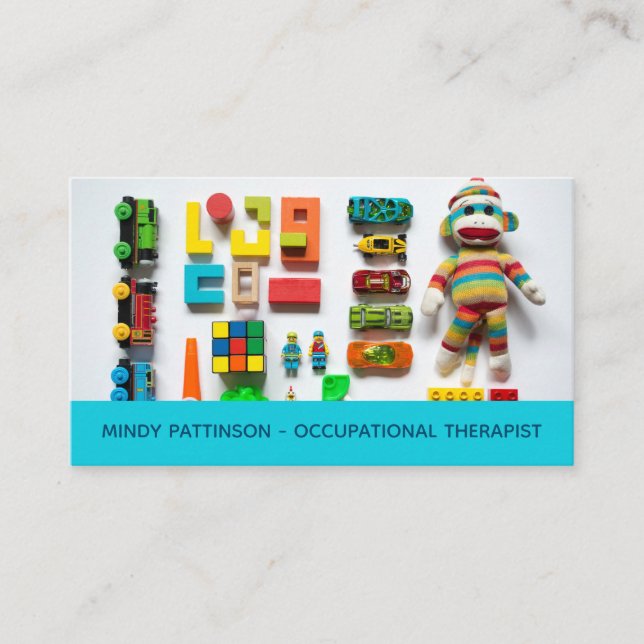 Occupational Therapist Kids Toys Photograph Blue Business Card (Front)