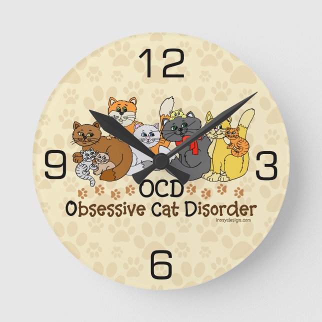 OCD Obsessive Cat Disorder Round Clock (Front)