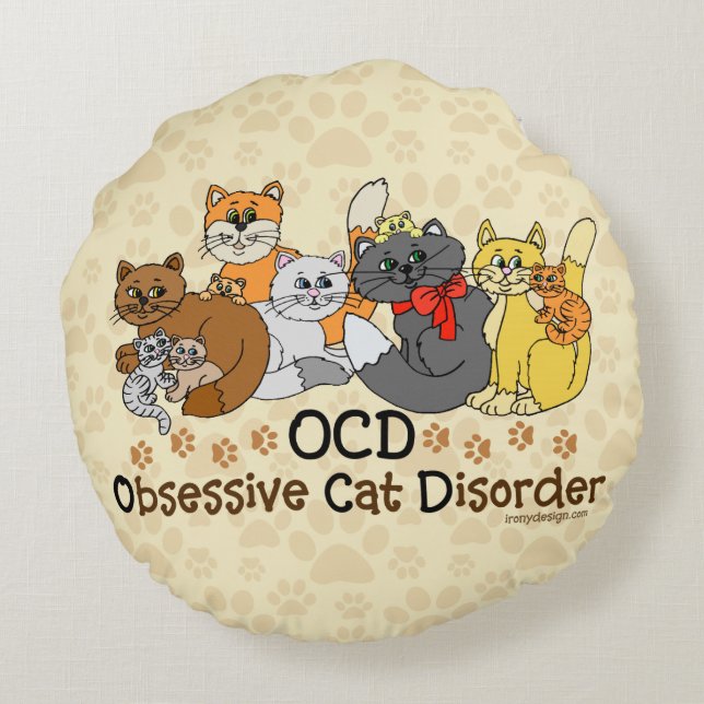 OCD Obsessive Cat Disorder Round Cushion (Back)