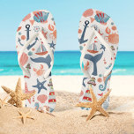 Ocean Adventure | Coastal Beach Flip Flops<br><div class="desc">Adorable beach flip flops feature a nautical pattern of a lighthouse, sailboat, starfish, captain's wheel and cute ocean creatures (crab, seahorse, whale, tropical fish). Perfect for a day at the beach, vacation; or as favors to add in a gift bag for destination and seaside weddings and bachelorette parties. Original artwork...</div>