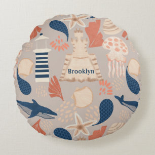 Ocean Adventure -Whales,Jellyfish & Lighthouse Fun Round Cushion