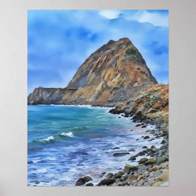 Ocean and Rock Mountain Watercolor Style Art Poster (Front)